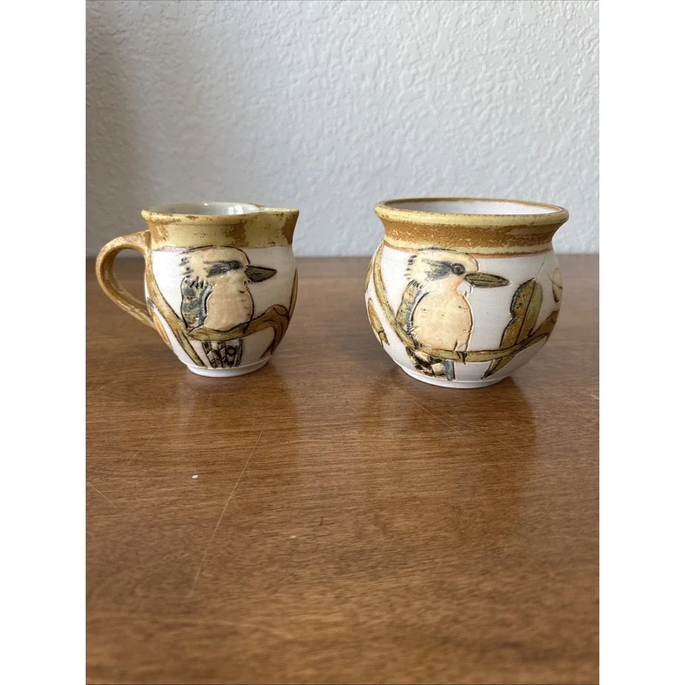 Vintage Australian Spring Mount Studio Pottery Floral, Bird Pitcher And Vase